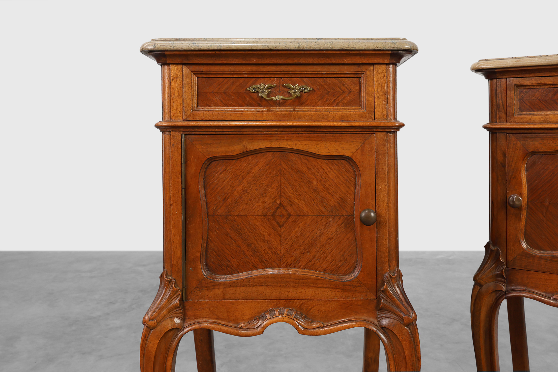 Pair Louis XV‑Style Nightstands with Marble Tops, France ca. 1900thumbnail